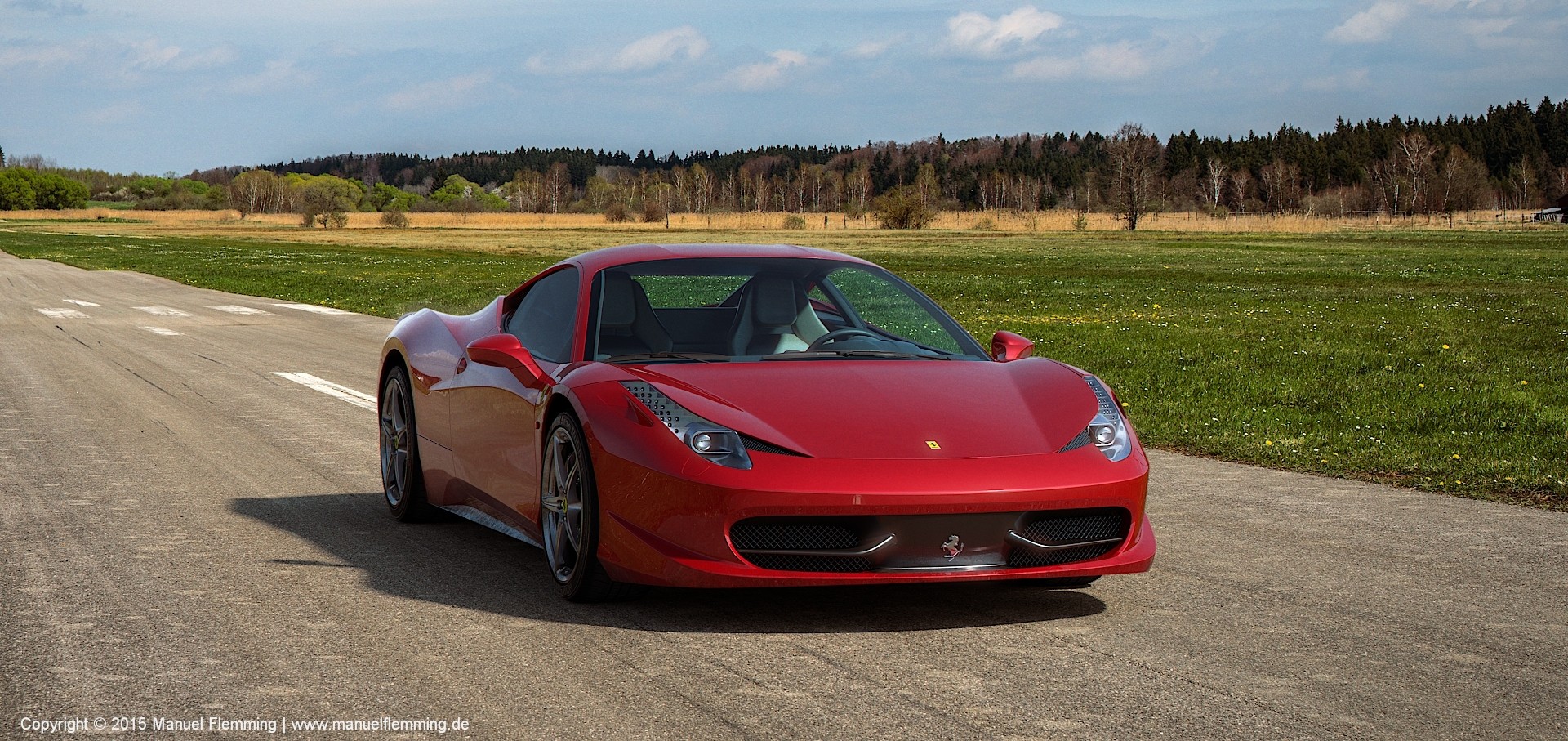 A rendering of a Ferrari F458 at Airstrip 02 - created using Maya, Mari, Vray and Nuke. I'm responsible for HDRI & Plate photography, texturing, shading, lighting, rendering and compositing.