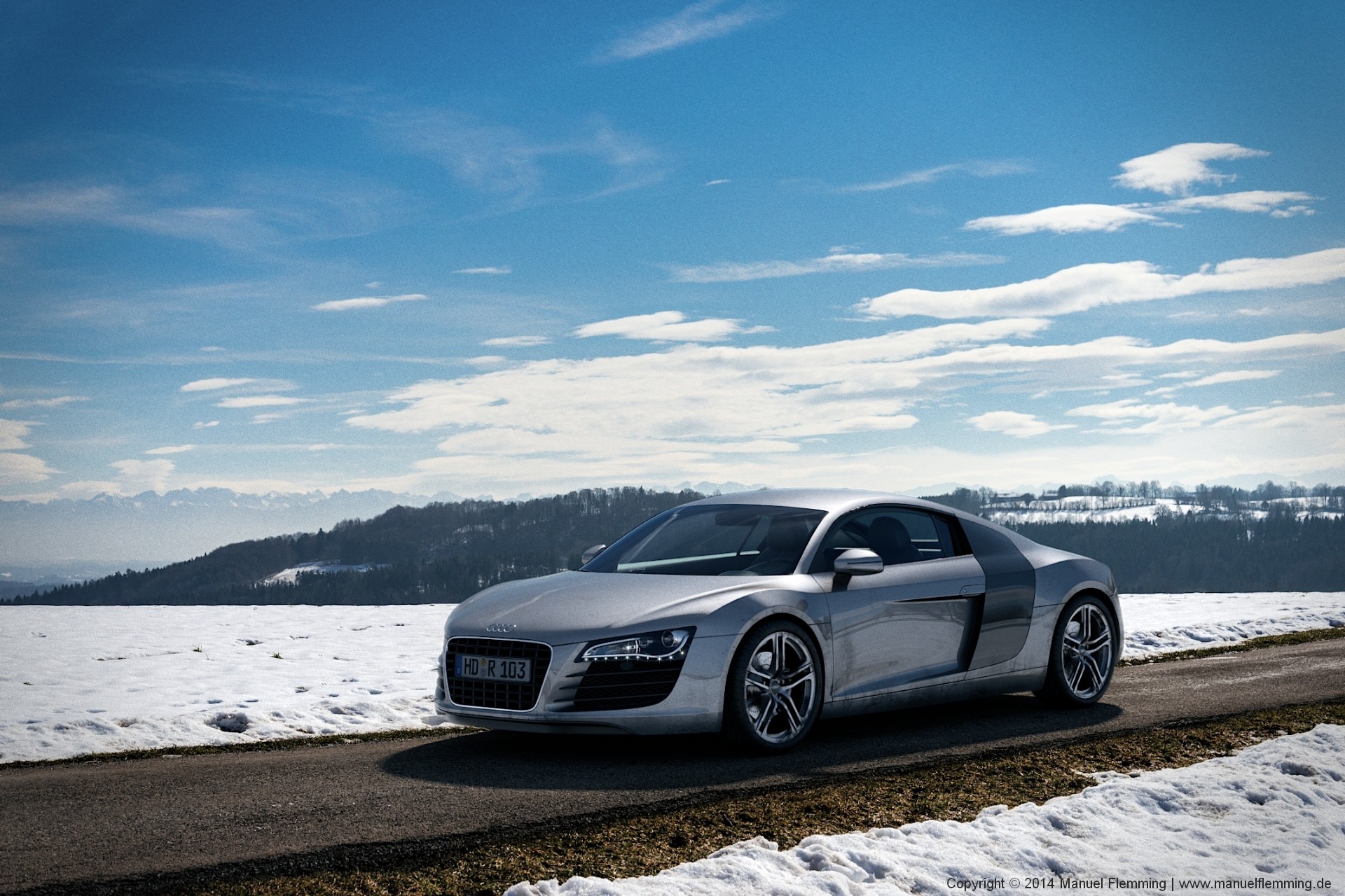 A rendering of an Audi R8 at Winterstreet 01 - created using Maya, Mari, Vray and Nuke. I'm responsible for HDRI & Plate photography, texturing, shading, lighting, rendering and compositing.